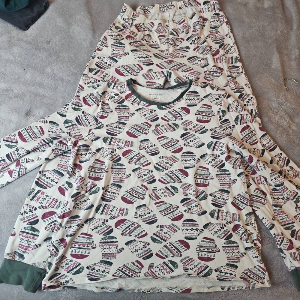 Burts Bees Baby Mens XL Pajama Set Organic Cotton Mitten Print Holiday Sleepwear